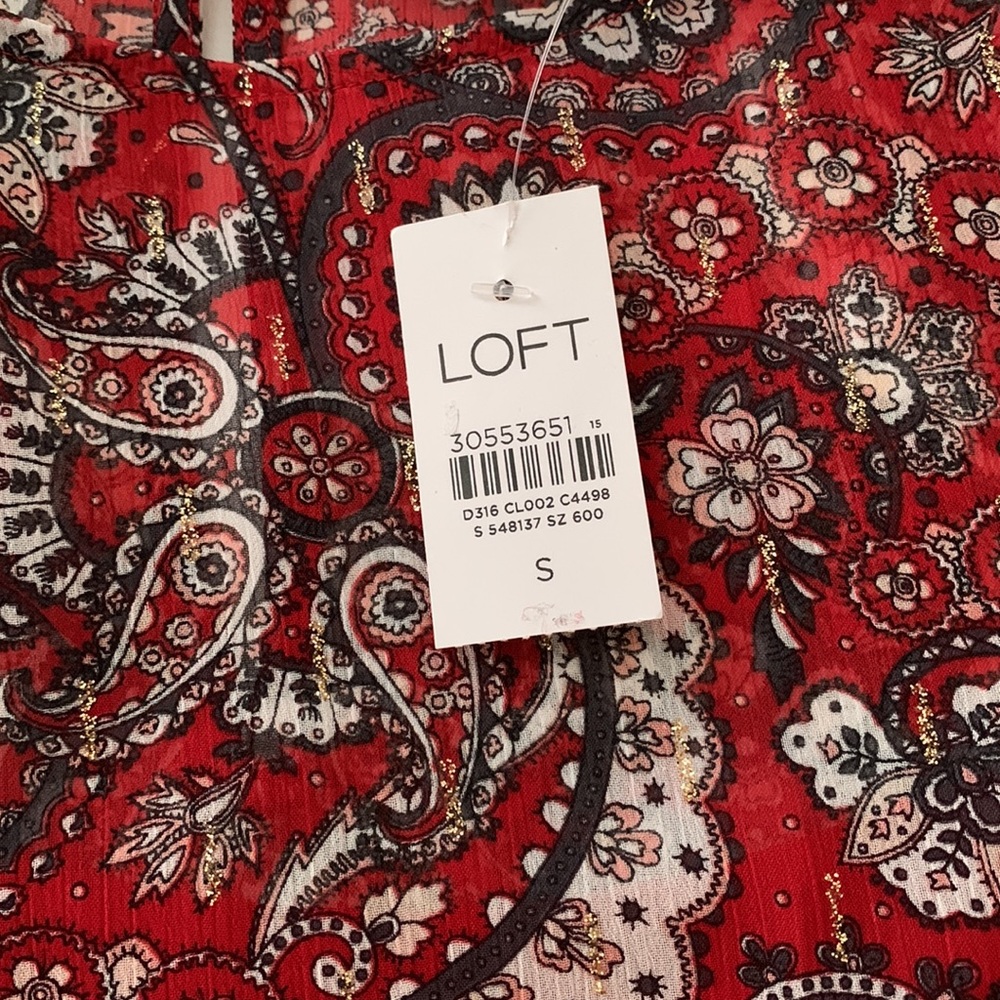 ❤️Loft red shimmer paisley flounce dress. Fully lined. NWT. Size S. - Picture 5 of 9